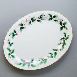 Vintage Mikasa Ribbon Holly 14" Oval Serving Platter Christmas Dishes
